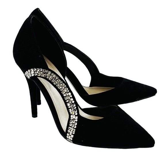 Womens 8.5M Caparros Stiletto Pumps Rhinestones Black Suede Pointy Toes 4" Heels - Picture 1 of 8